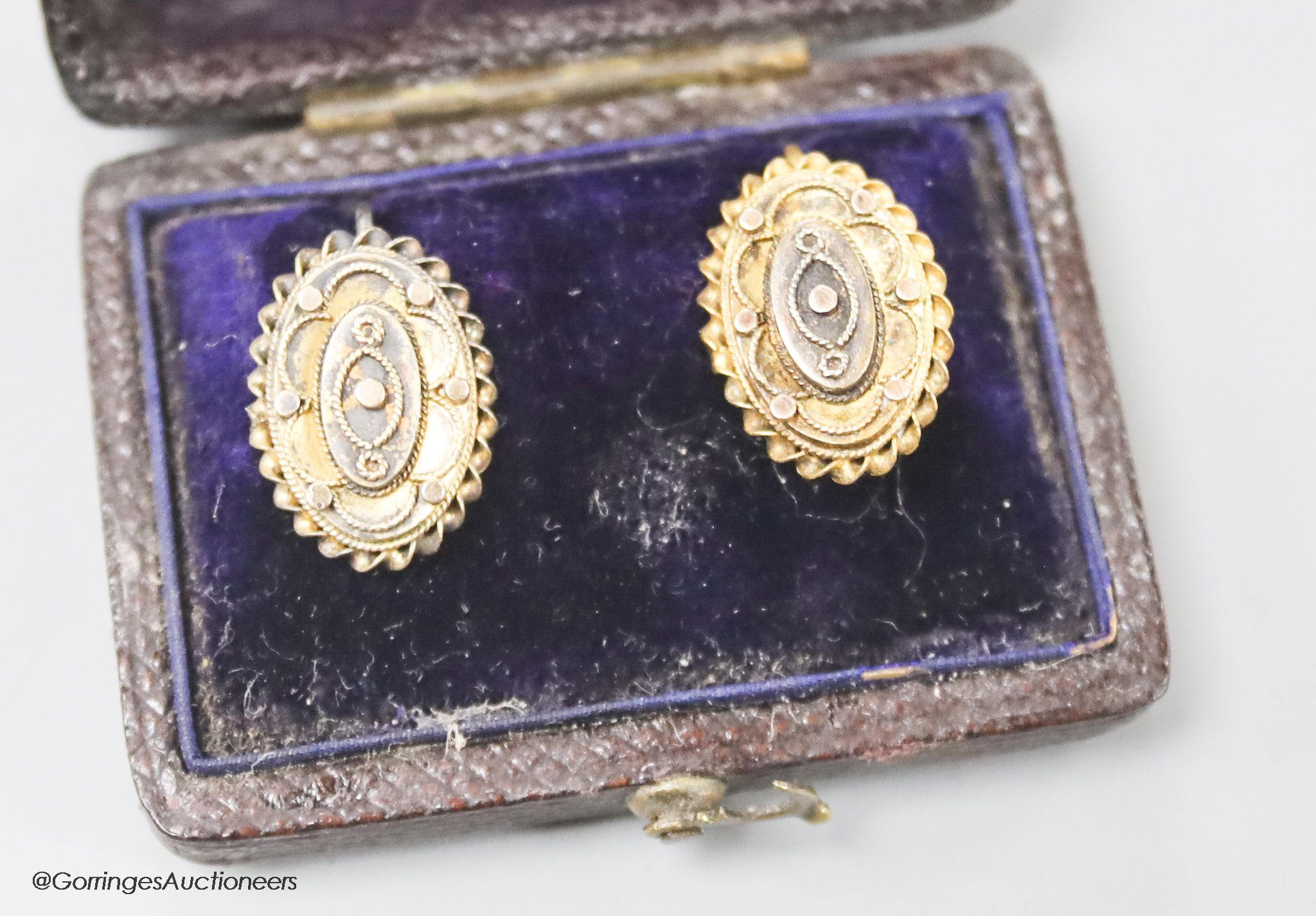 A pair of Victorian yellow metal oval earrings, 16mm, 2.7 grams.